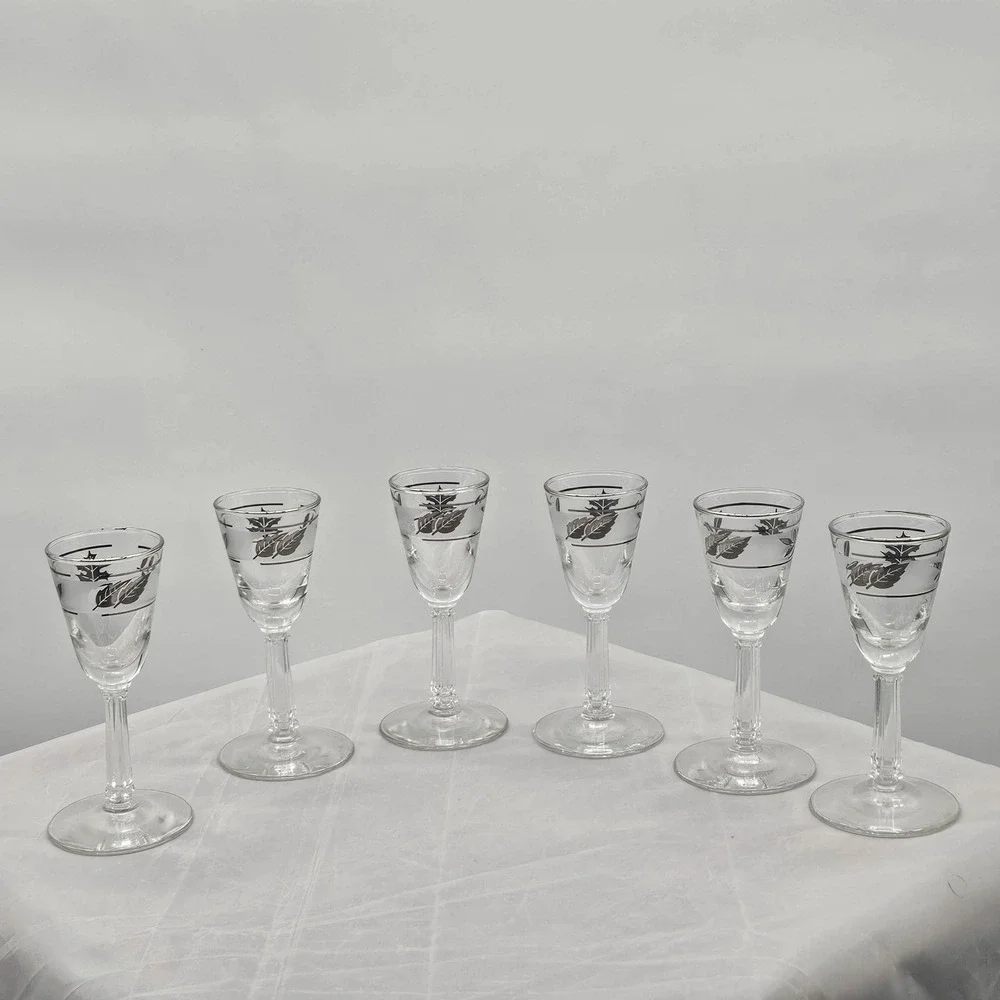 Set of 6 Clear Cordial Shot Glasses Silver Leaf Etched‎ Design